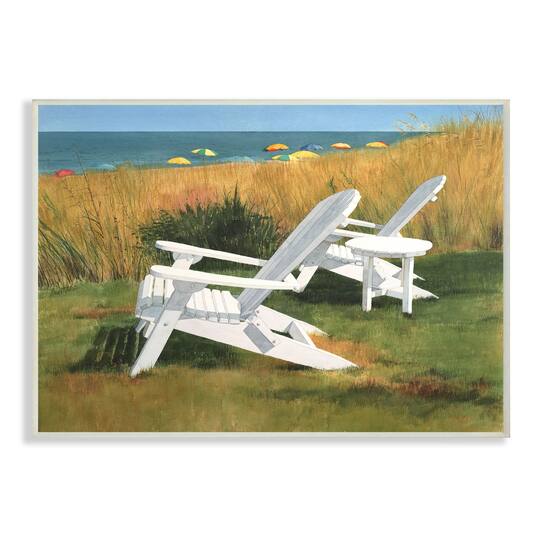 Stupell Industries White Adirondack Chairs by Beach Wooden Wall Plaque